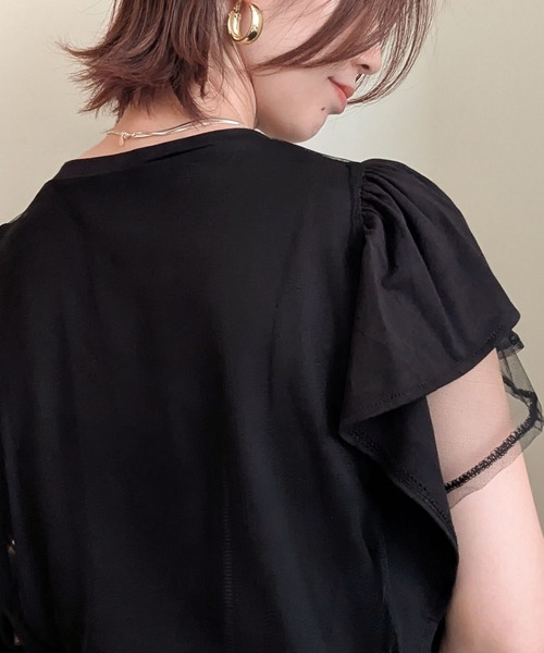 styiro(スタイロ)の「チュールレイヤード フレアスリーブ カットソー Tシャツ 異素材ドッキング(Tシャツ/カットソー・レディース・ライトグレー/ブラック/ホワイト・FREE)」の16枚目の写真