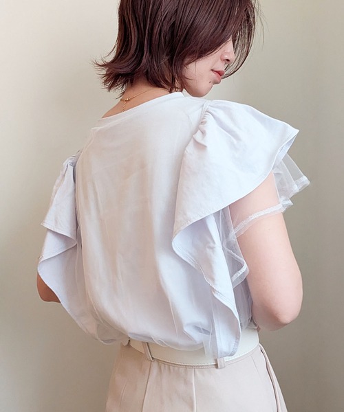 styiro(スタイロ)の「チュールレイヤード フレアスリーブ カットソー Tシャツ 異素材ドッキング(Tシャツ/カットソー・レディース・ライトグレー/ブラック/ホワイト・FREE)」の18枚目の写真