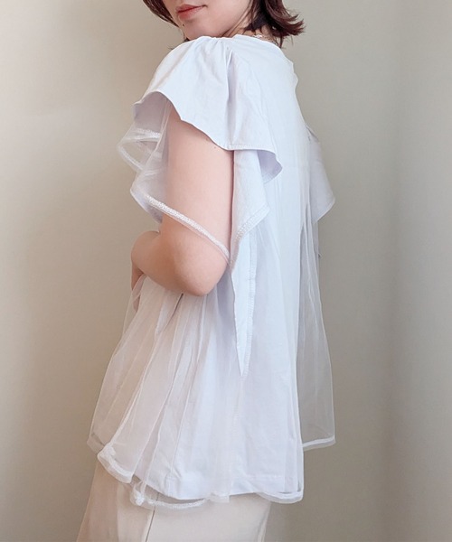 styiro(スタイロ)の「チュールレイヤード フレアスリーブ カットソー Tシャツ 異素材ドッキング(Tシャツ/カットソー・レディース・ライトグレー/ブラック/ホワイト・FREE)」の19枚目の写真