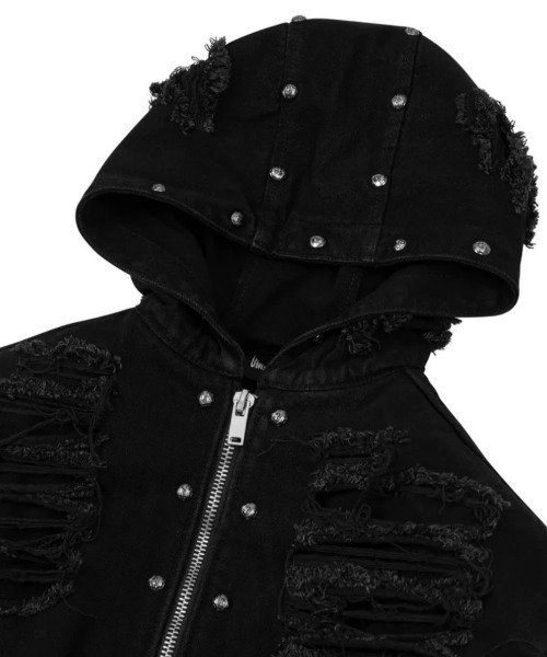 UNIZ(ユニズ)の「【UNIZ】Rogue Distressed Zip Jacket / 【ユニズ】ダメージデニムジップパーカー(パーカー・メンズ・ブラック・01/00)」の21枚目の写真