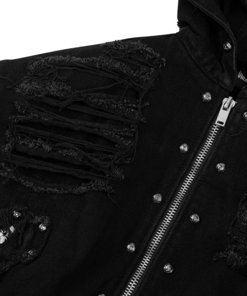 UNIZ(ユニズ)の「【UNIZ】Rogue Distressed Zip Jacket / 【ユニズ】ダメージデニムジップパーカー(パーカー・メンズ・ブラック・01/00)」の22枚目の写真