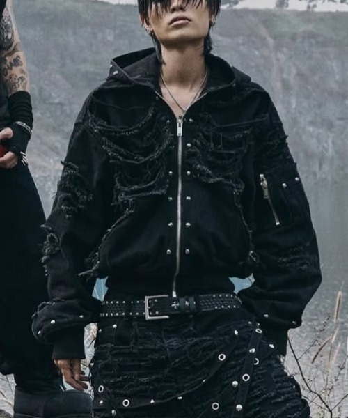 UNIZ(ユニズ)の「【UNIZ】Rogue Distressed Zip Jacket / 【ユニズ】ダメージデニムジップパーカー(パーカー・メンズ・ブラック・01/00)」の6枚目の写真