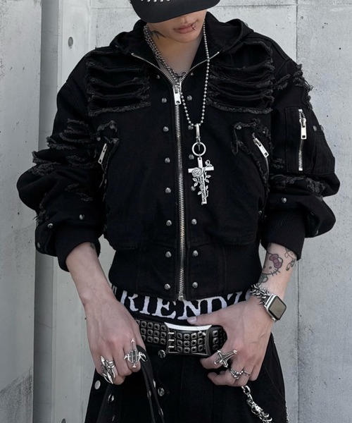 UNIZ(ユニズ)の「【UNIZ】Rogue Distressed Zip Jacket / 【ユニズ】ダメージデニムジップパーカー(パーカー・メンズ・ブラック・01/00)」の9枚目の写真