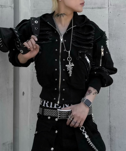 UNIZ(ユニズ)の「【UNIZ】Rogue Distressed Zip Jacket / 【ユニズ】ダメージデニムジップパーカー(パーカー・メンズ・ブラック・01/00)」の10枚目の写真