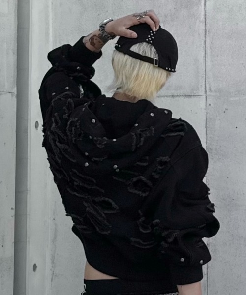 UNIZ(ユニズ)の「【UNIZ】Rogue Distressed Zip Jacket / 【ユニズ】ダメージデニムジップパーカー(パーカー・メンズ・ブラック・01/00)」の12枚目の写真