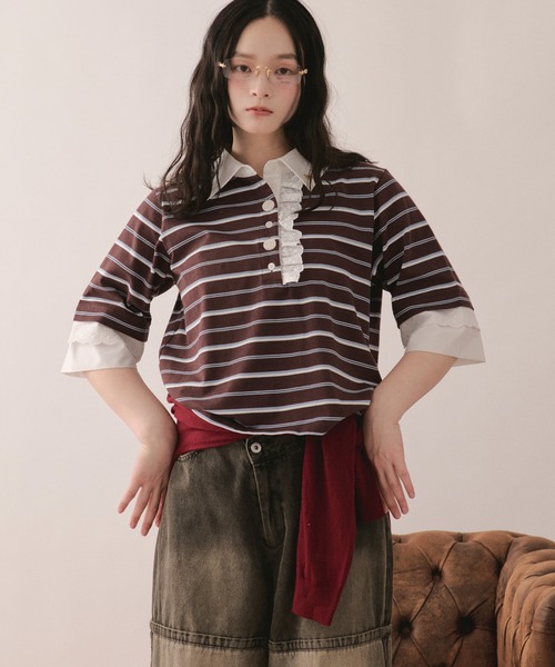loin nuit(ロワンニュイ)の「lace frill polo tops / レースフリルポロトップス(Tシャツ/カットソー・レディース・グレー/ブラウン/ネイビー/アイボリー・FREE)」の5枚目の写真