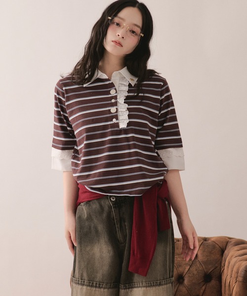 loin nuit(ロワンニュイ)の「lace frill polo tops / レースフリルポロトップス(Tシャツ/カットソー・レディース・グレー/ブラウン/ネイビー/アイボリー・FREE)」の6枚目の写真
