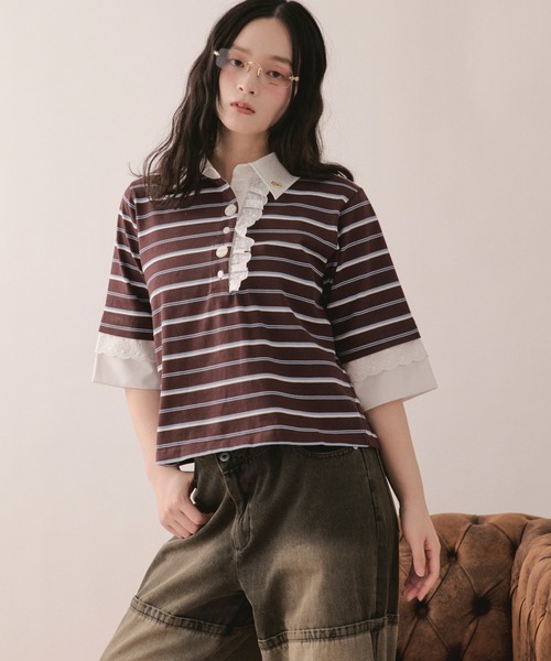 loin nuit(ロワンニュイ)の「lace frill polo tops / レースフリルポロトップス(Tシャツ/カットソー・レディース・グレー/ブラウン/ネイビー/アイボリー・FREE)」の7枚目の写真