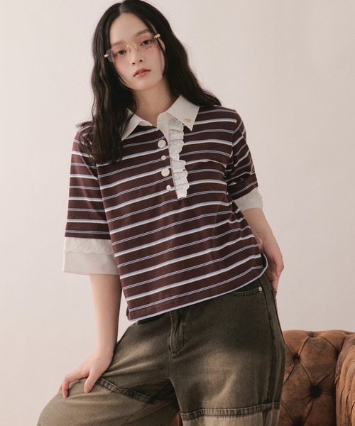 loin nuit(ロワンニュイ)の「lace frill polo tops / レースフリルポロトップス(Tシャツ/カットソー・レディース・グレー/ブラウン/ネイビー/アイボリー・FREE)」の8枚目の写真
