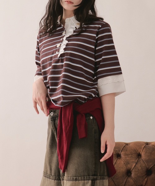 loin nuit(ロワンニュイ)の「lace frill polo tops / レースフリルポロトップス(Tシャツ/カットソー・レディース・グレー/ブラウン/ネイビー/アイボリー・FREE)」の9枚目の写真