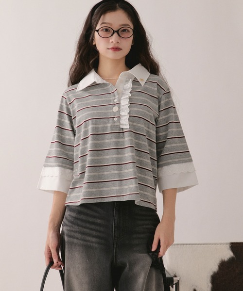 loin nuit(ロワンニュイ)の「lace frill polo tops / レースフリルポロトップス(Tシャツ/カットソー・レディース・グレー/ブラウン/ネイビー/アイボリー・FREE)」の12枚目の写真