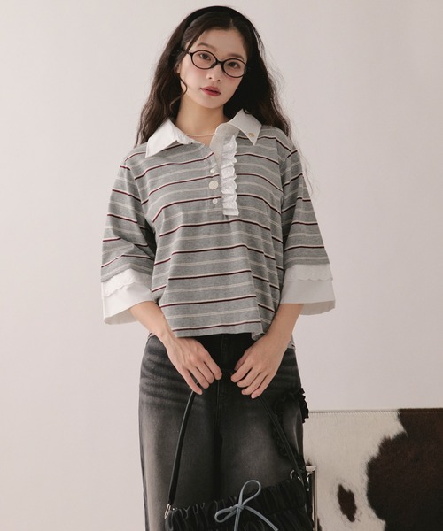 loin nuit(ロワンニュイ)の「lace frill polo tops / レースフリルポロトップス(Tシャツ/カットソー・レディース・グレー/ブラウン/ネイビー/アイボリー・FREE)」の13枚目の写真