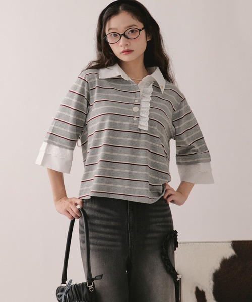loin nuit(ロワンニュイ)の「lace frill polo tops / レースフリルポロトップス(Tシャツ/カットソー・レディース・グレー/ブラウン/ネイビー/アイボリー・FREE)」の14枚目の写真