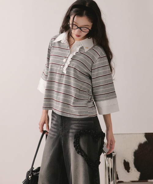 loin nuit(ロワンニュイ)の「lace frill polo tops / レースフリルポロトップス(Tシャツ/カットソー・レディース・グレー/ブラウン/ネイビー/アイボリー・FREE)」の15枚目の写真