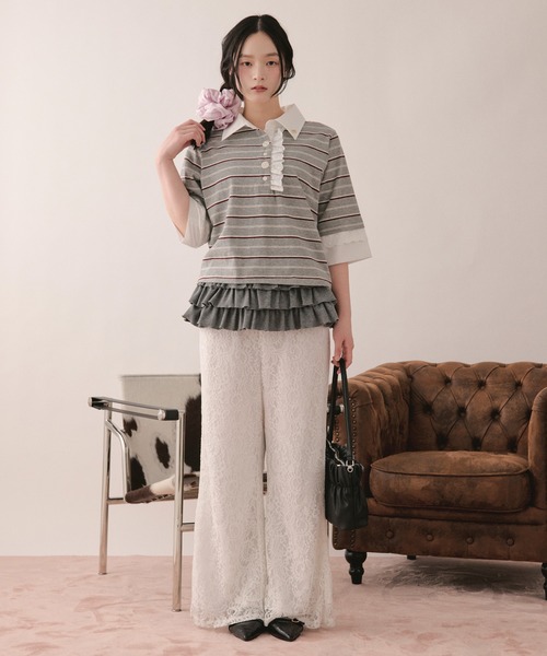 loin nuit(ロワンニュイ)の「lace frill polo tops / レースフリルポロトップス(Tシャツ/カットソー・レディース・グレー/ブラウン/ネイビー/アイボリー・FREE)」の22枚目の写真