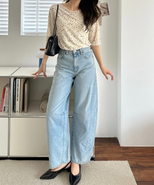 umune(ウムネ)の「シアーTシャツ ドット柄 水玉 総柄 五分袖 ハーフスリーブ 透け感 カットソー クルーネック トップス インナー 夏(Tシャツ/カットソー・レディース・アイボリー/ピンク/ブラウン・FREE)」の4枚目の写真
