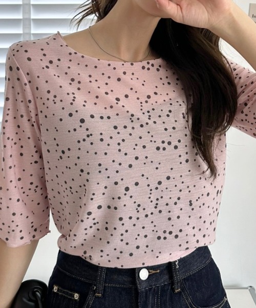 umune(ウムネ)の「シアーTシャツ ドット柄 水玉 総柄 五分袖 ハーフスリーブ 透け感 カットソー クルーネック トップス インナー 夏(Tシャツ/カットソー・レディース・アイボリー/ピンク/ブラウン・FREE)」の7枚目の写真