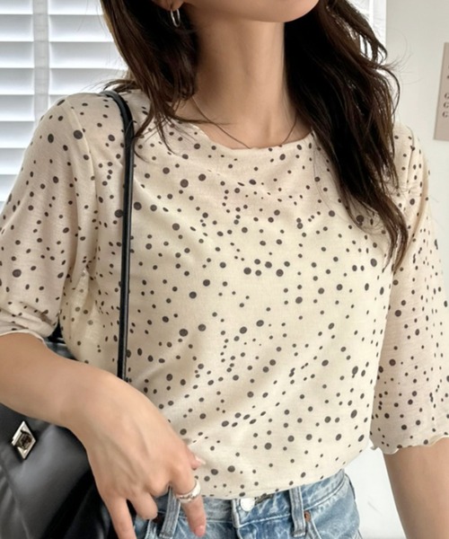umune(ウムネ)の「シアーTシャツ ドット柄 水玉 総柄 五分袖 ハーフスリーブ 透け感 カットソー クルーネック トップス インナー 夏(Tシャツ/カットソー・レディース・アイボリー/ピンク/ブラウン・FREE)」の8枚目の写真