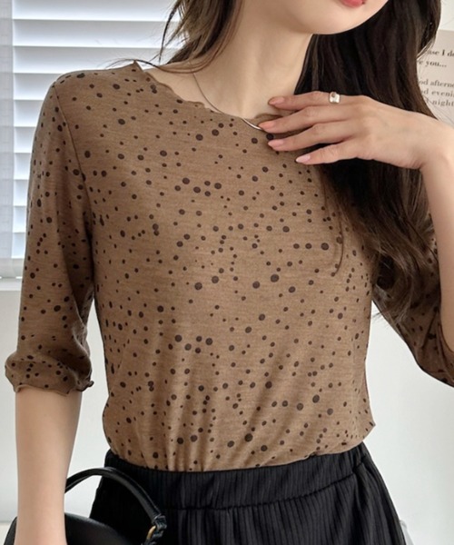 umune(ウムネ)の「シアーTシャツ ドット柄 水玉 総柄 五分袖 ハーフスリーブ 透け感 カットソー クルーネック トップス インナー 夏(Tシャツ/カットソー・レディース・アイボリー/ピンク/ブラウン・FREE)」の10枚目の写真