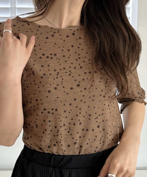 umune(ウムネ)の「シアーTシャツ ドット柄 水玉 総柄 五分袖 ハーフスリーブ 透け感 カットソー クルーネック トップス インナー 夏(Tシャツ/カットソー・レディース・アイボリー/ピンク/ブラウン・FREE)」の11枚目の写真