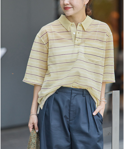 JOURNAL STANDARD(ジャーナルスタンダード)の「シアーカノコボーダーポロシャツ(Tシャツ/カットソー・レディース・ブラウン/イエロー・FREE)」の2枚目の写真