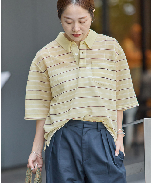 JOURNAL STANDARD(ジャーナルスタンダード)の「シアーカノコボーダーポロシャツ(Tシャツ/カットソー・レディース・ブラウン/イエロー・FREE)」の3枚目の写真