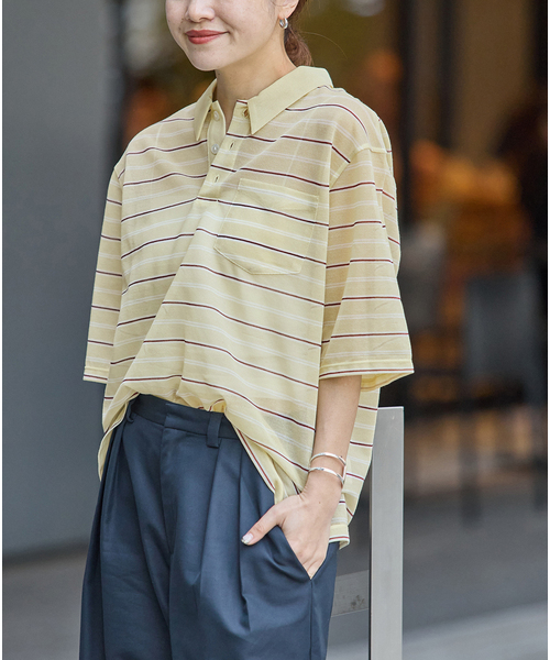 JOURNAL STANDARD(ジャーナルスタンダード)の「シアーカノコボーダーポロシャツ(Tシャツ/カットソー・レディース・ブラウン/イエロー・FREE)」の4枚目の写真