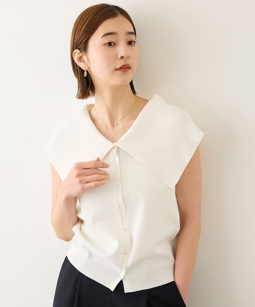 ROPE'(ロペ)の「ビッグカラーオフショルライクトップス/イージーケア(ニット/セーター・レディース・ネイビー/オフホワイト/ブラック・FREE)」の2枚目の写真
