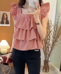 \主役級の華やかさで大人可愛く/ ギンガムチェック ティアードフリル ノースリーブ ブラウス