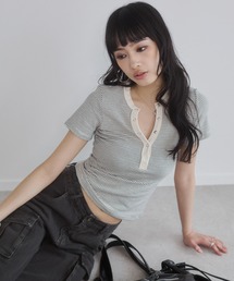ENVYM | ヘンリーVネックボーダートップス(Tシャツ/カットソー)