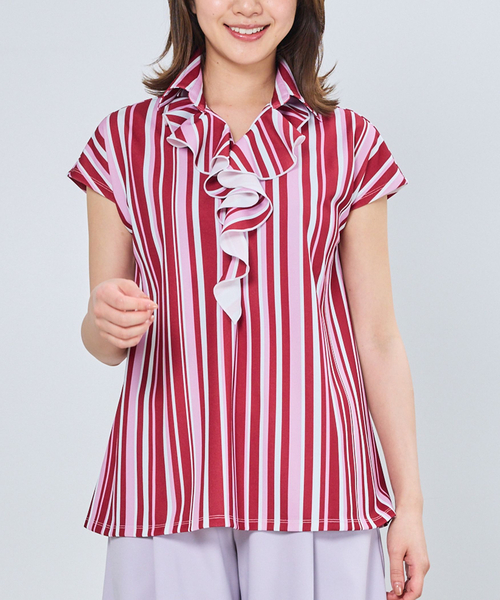 NARACAMICIE(ナラカミーチェ)の「【NARACAMICIE】強撚スムースマルチストライプフリルカットソー(Tシャツ/カットソー・レディース・レッド/ブルー・M/XL)」の1枚目の写真