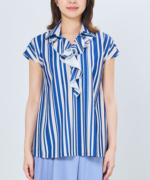 NARACAMICIE(ナラカミーチェ)の「【NARACAMICIE】強撚スムースマルチストライプフリルカットソー(Tシャツ/カットソー・レディース・レッド/ブルー・M/XL)」の3枚目の写真