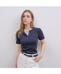 [W]ヘンリーネックリブTシャツ - 3カラー