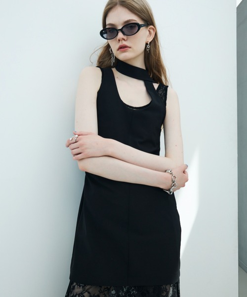 JOSE MOON（ジョゼムーン）の「TIE NECK MINI DRESS/タイネックミニドレス（ワンピース・レディース・ブラック/ブラウン・36/38）」の5枚目の写真