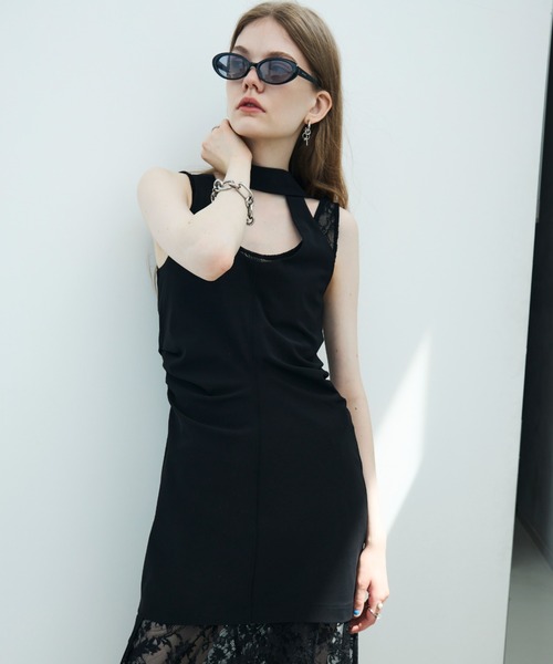 JOSE MOON（ジョゼムーン）の「TIE NECK MINI DRESS/タイネックミニドレス（ワンピース・レディース・ブラック/ブラウン・36/38）」の4枚目の写真