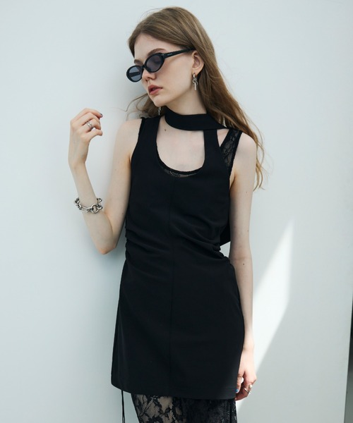 JOSE MOON（ジョゼムーン）の「TIE NECK MINI DRESS/タイネックミニドレス（ワンピース・レディース・ブラック/ブラウン・36/38）」の6枚目の写真