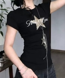 レオパードスタープリント タイト半袖Tシャツ チビT ピチT