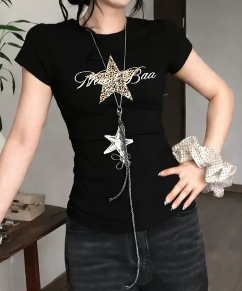SHEPP(シープ)の「レオパードスタープリント タイト半袖Tシャツ チビT ピチT(Tシャツ/カットソー・レディース・ブラック・L/M)」の5枚目の写真