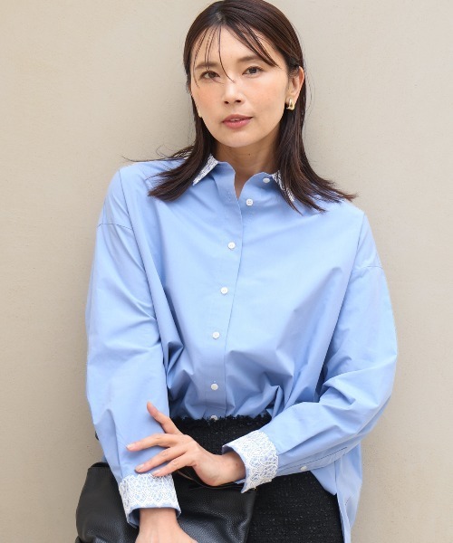 MK MICHEL KLEIN（エムケーミッシェルクラン）の「[洗える]レースデザインシャツ（シャツ/ブラウス・レディース・ライトブルー/ライトイエロー・38）」の4枚目の写真