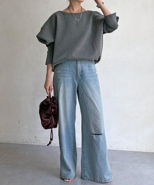 DouDou(ドゥドゥ)の「【WEB限定】パワーショルダースウエット(Tシャツ/カットソー・レディース・チャコールグレー/ブラック・FREE)」の13枚目の写真