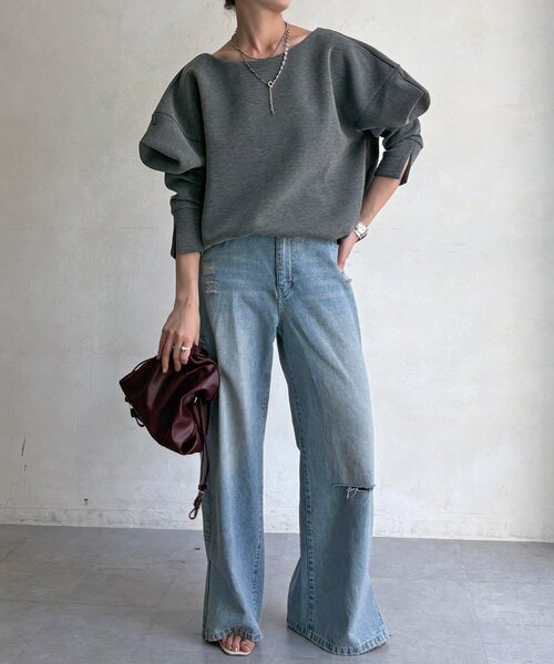 DouDou(ドゥドゥ)の「【WEB限定】パワーショルダースウエット(Tシャツ/カットソー・レディース・チャコールグレー/ブラック・FREE)」の16枚目の写真