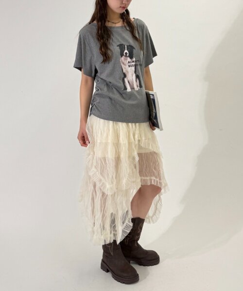 w closet(ダブルクローゼット)の「ワンショルDOGTシャツ(Tシャツ/カットソー・レディース・チャコールグレー/アイボリー・FREE)」の15枚目の写真