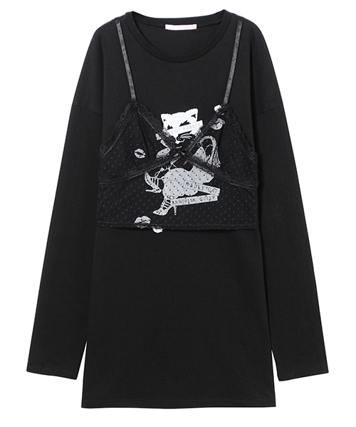 Candy Stripper（キャンディストリッパー）の「MADLY CAT LONG TEE & TULLE CAMISOLE（Tシャツ/カットソー・レディース・ピンク/オフホワイト/ブラック・2）」の2枚目の写真