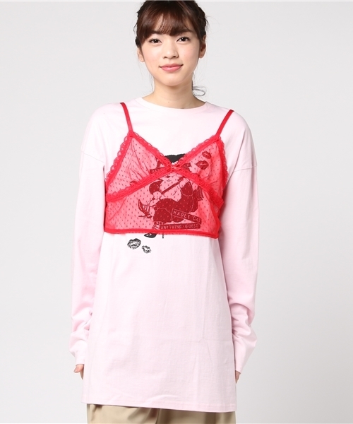 Candy Stripper（キャンディストリッパー）の「MADLY CAT LONG TEE & TULLE CAMISOLE（Tシャツ/カットソー・レディース・ピンク/オフホワイト/ブラック・2）」の4枚目の写真