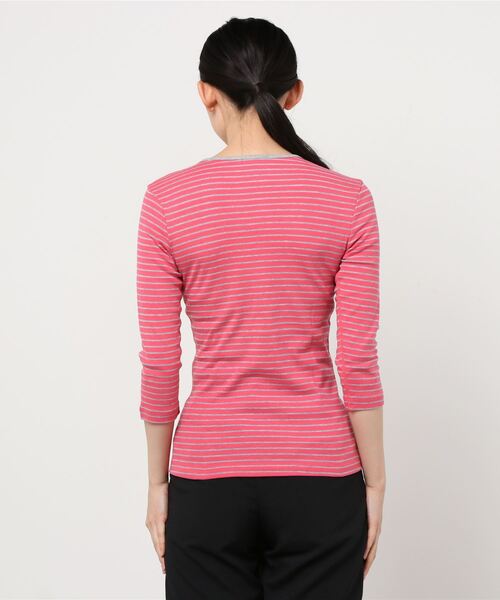 three dots(スリードッツ)の「アミー T / ストライプ コットンニット 七分袖(Tシャツ/カットソー・レディース・ホワイト×グレー/グレー×ピンク/ピンク系その他・SMALL/MEDIUM)」の5枚目の写真
