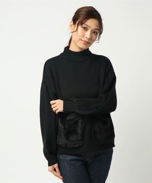 KOBE LETTUCE(コウベレタス)の「エコファーポケット★バルーンスリーブハイネックニットトップス(ニット/セーター・レディース・ブラック/グレー/オフホワイト/ピンク・FREE)」の2枚目の写真