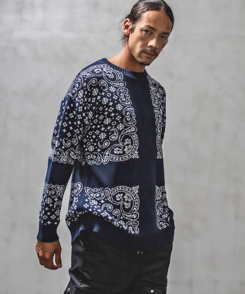 CAMBIO（カンビオ）の「mn2028-バンダナ柄C-Nニット（ニット/セーター・メンズ・ブラック/ブラウン/ネイビー・S/M/L）」の18枚目の写真