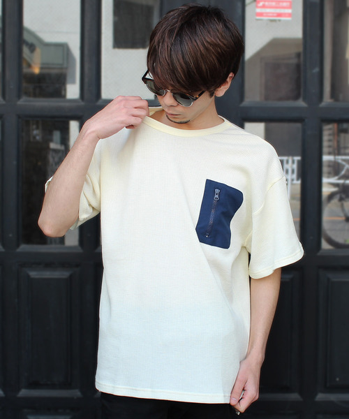 SHI-JYOMAN（シジョマン）の「ZIPポケットワッフル半袖BIGTシャツ（Tシャツ/カットソー・メンズ・ブラック/カーキ/ベージュ/アイボリー・M/XL/L/XXL）」の4枚目の写真