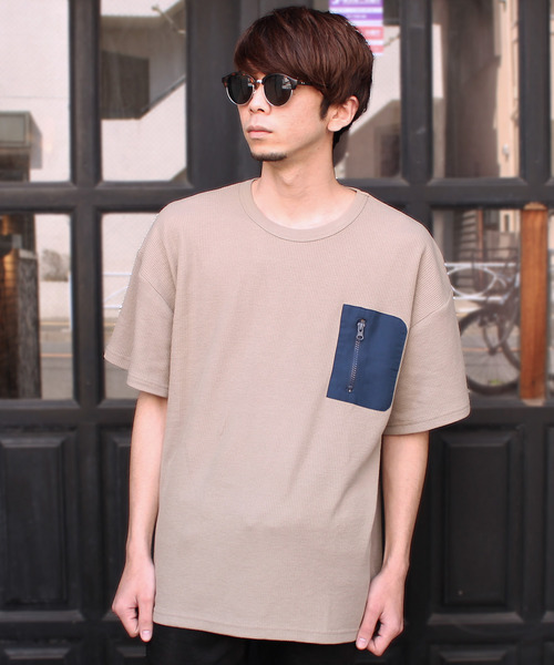 SHI-JYOMAN（シジョマン）の「ZIPポケットワッフル半袖BIGTシャツ（Tシャツ/カットソー・メンズ・ブラック/カーキ/ベージュ/アイボリー・M/XL/L/XXL）」の3枚目の写真