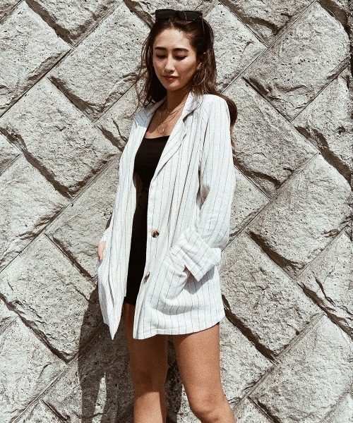 esutoreja(エストレジャ)の「ストライプジャケット(テーラードジャケット・レディース・ブラウン/オフホワイト・FREE)」の2枚目の写真